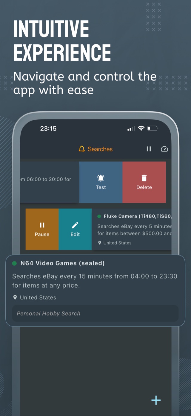 Swipe to test, pause, edit, or delete any saved eBay search