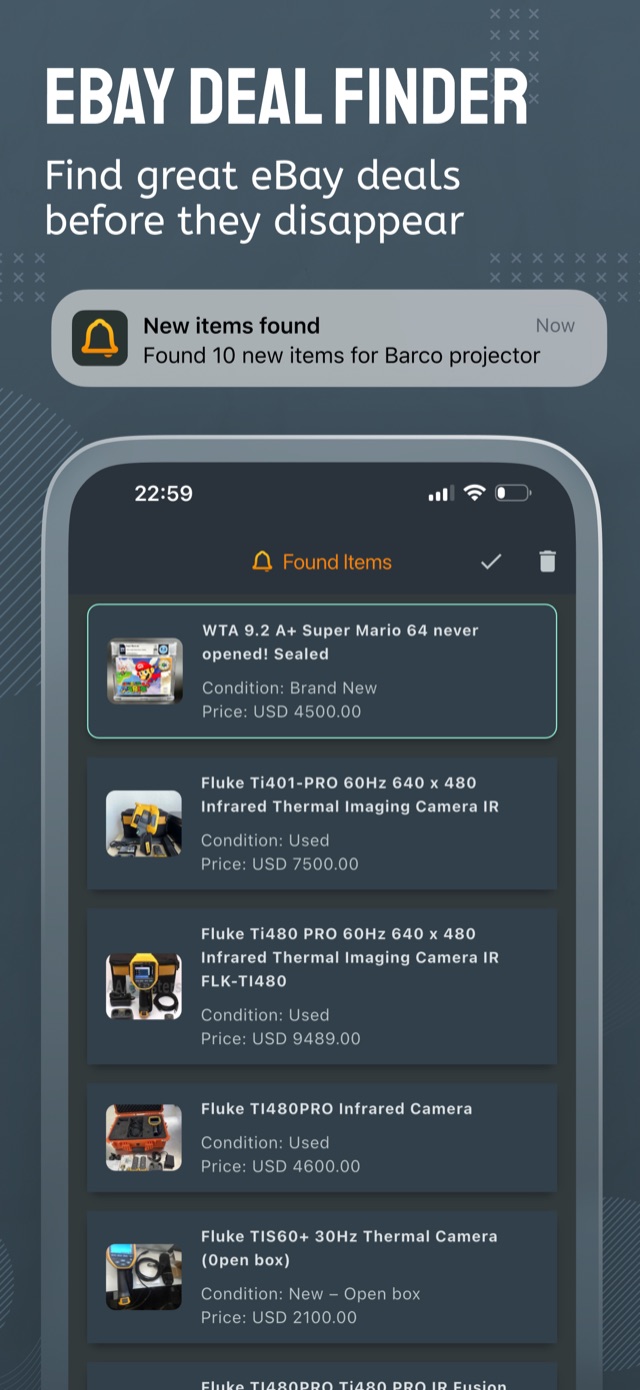 A push notification announcing newly found eBay listings