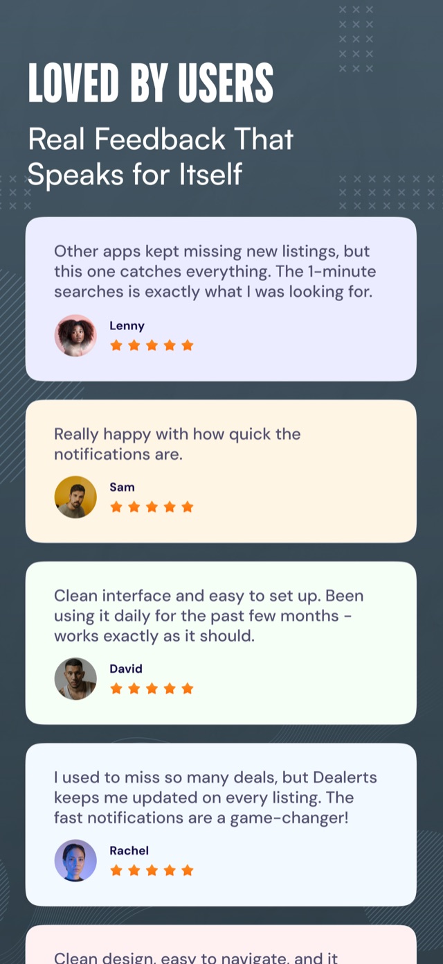 Five star reviews from Dealerts users